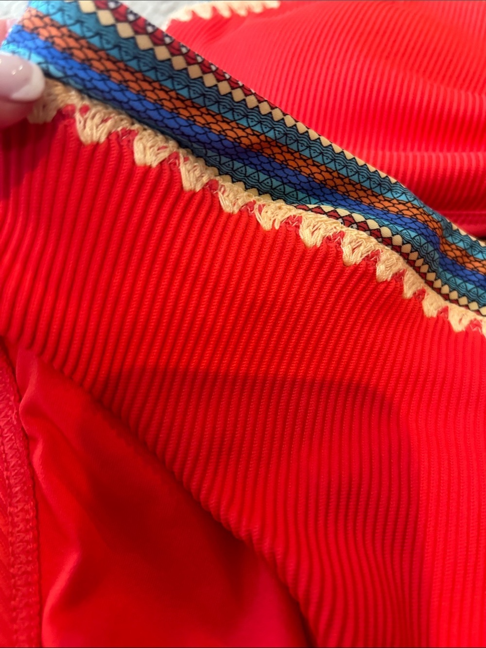 Swimsuits For All Red Tie-Front Bikini with Multicolor Trim - Picture 3 of 13